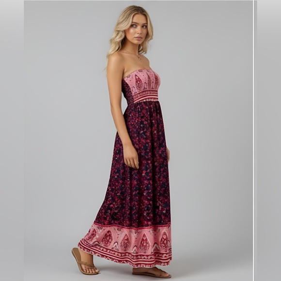 Red Boho Floral Print Tube Dress - Picture 3 of 9